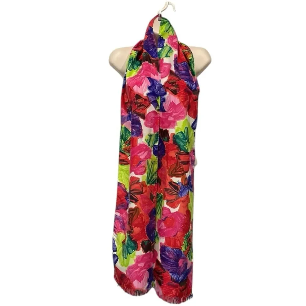 Vintage Express Pure Silk Floral Scarf Wrap‎ Fringe Colorful Lightweight
